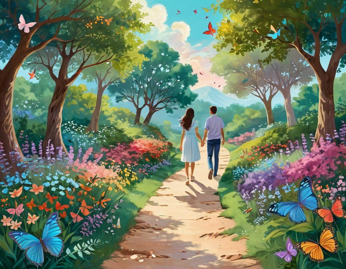 A beautifully illustrated path winding through a lush landscape symbolizing the journey of love, flanked by vibrant heart symbols, with couples of diverse backgrounds sharing their unique love languages. Soft pastel colors create a warm atmosphere, with gentle emotional expressions on their faces that convey commitment and understanding. Include butterflies symbolizing transformation. digital painting. vibrant colors. whimsical style.