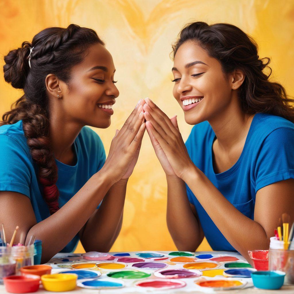 A warm scene of two diverse individuals sharing a heartfelt moment, engaged in a collaborative activity like painting or cooking, with bright, colorful art supplies scattered around. Their expressions reflect trust and tenderness, symbolizing teamwork through an embrace or a high-five. The background features soft, inviting colors that evoke warmth and camaraderie, with subtle symbols of companionship like intertwined hands and heart motifs. super-realistic. vibrant colors. soft background.