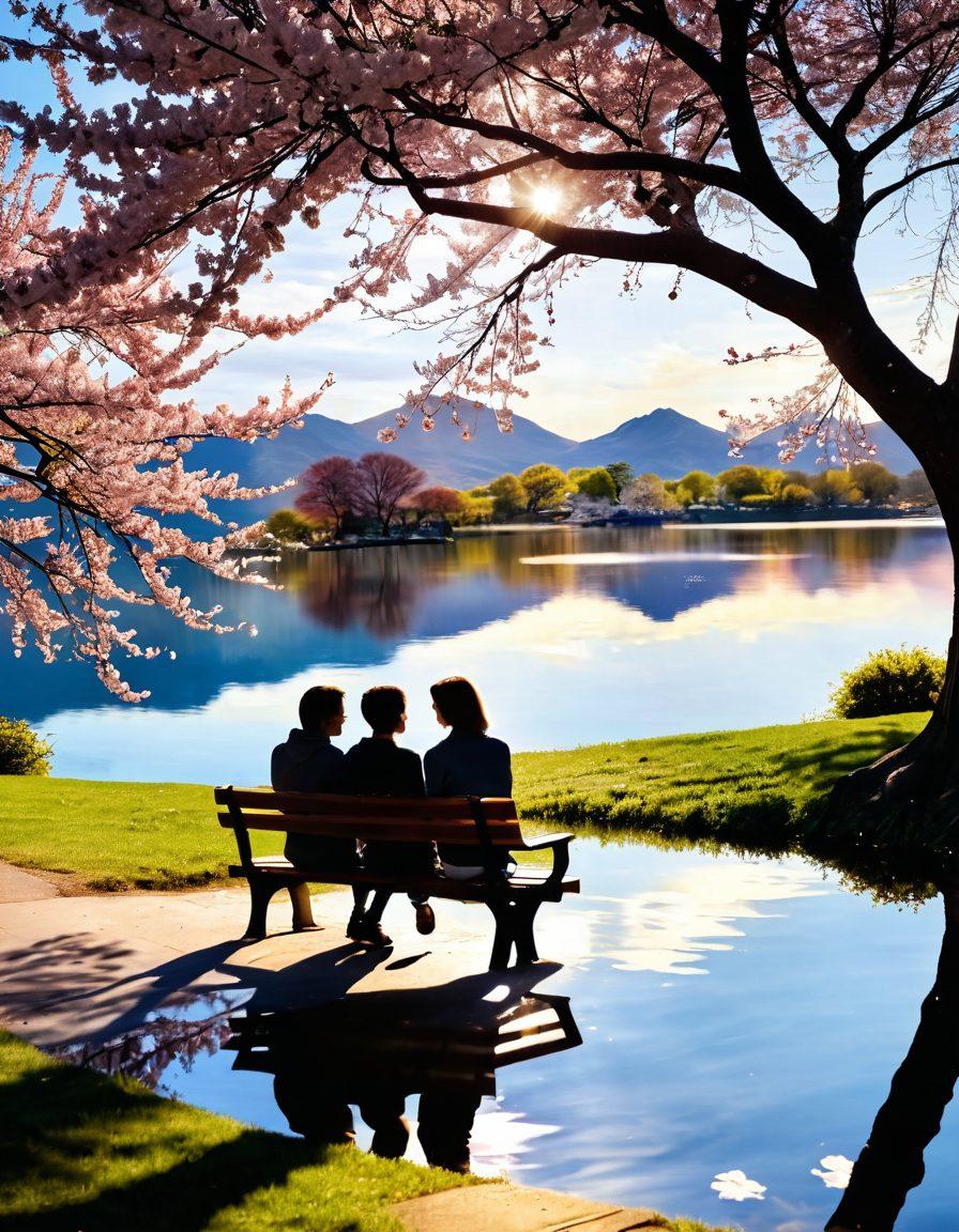 A couple sitting on a picturesque park bench, sharing a heartfelt conversation under a blooming cherry blossom tree. Soft sunlight filters through the leaves, casting warm, golden hues on their faces. Elements of love, such as intertwined hands and heart-shaped clouds in the sky, are subtly integrated into the scene. The background features a tranquil lake reflecting the beauty around them. super-realistic. vibrant colors. soft focus.